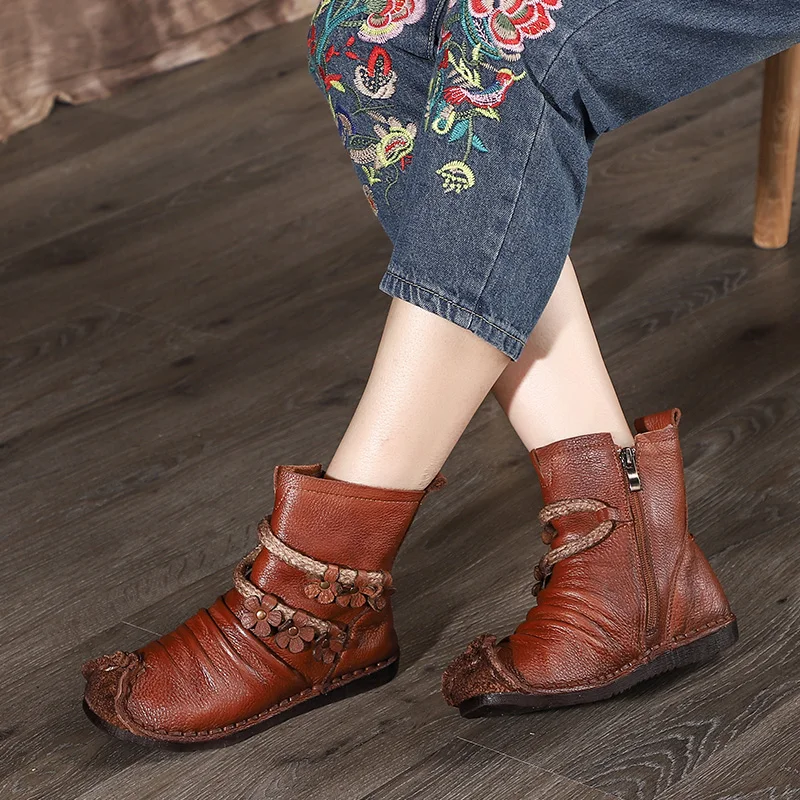 

Winter Flower Booties Shoes Woman 2019 VALLU Pleated Design Women Flat Boots Genuine Leather Comfortable Soft Lady Boots