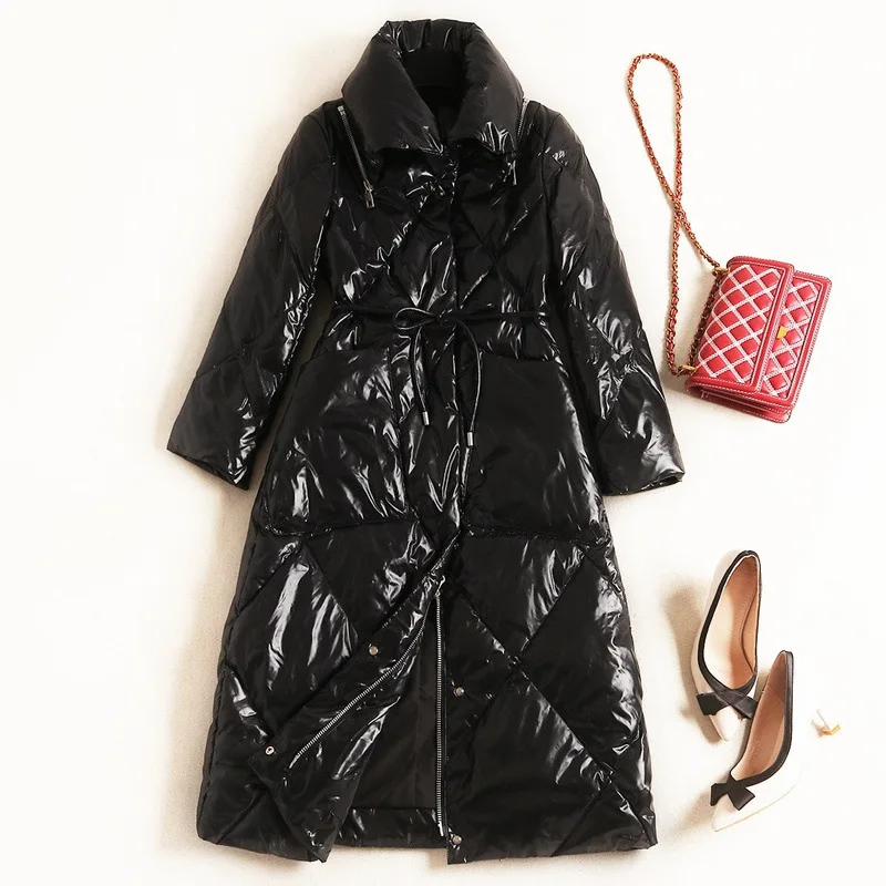 

Long patent leather bright face solid color warmth show thin down jacket turn down collar casual zipper feather coat women