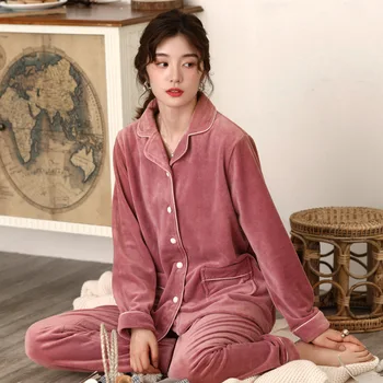 

Coral Fleece Pajamas Women Spring and Autumn Thin Middle-aged Mother Leisure Tops Flannel Autumn and Winter Island Fleece Suit