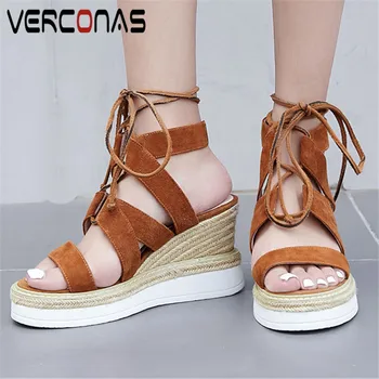 

VERCONAS Women Bandage Wedge Heel Classic Design Lace Up Rome Vintage Thick Bottom High Heels Sandals Summer Shoes Woman