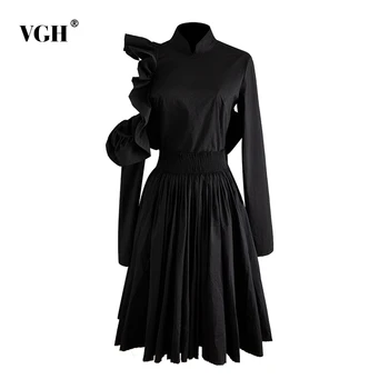 

VGH Asymmetrical Patchwork Ruffle Dress For Women Turtleneck Irregular Long Sleeve High Waist Hollow Out Dresses Female 2020 New