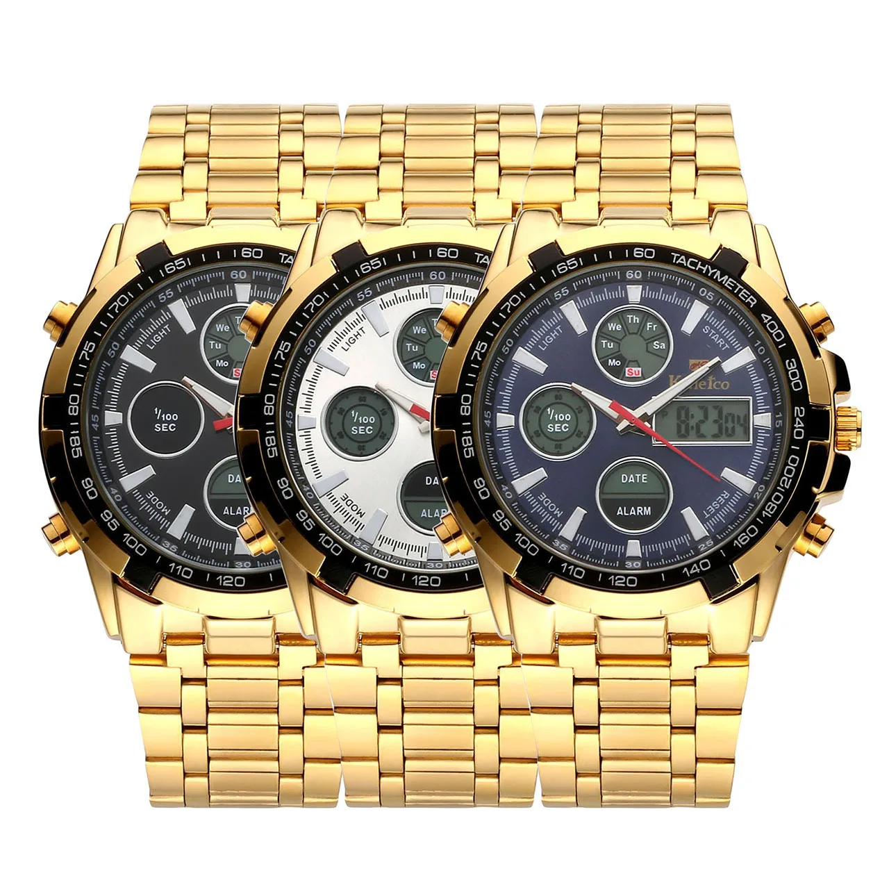 

Kuletco Gold Steel Belt Multi-functional Double Inserts Electronic Watch Sports Watch Waterproof