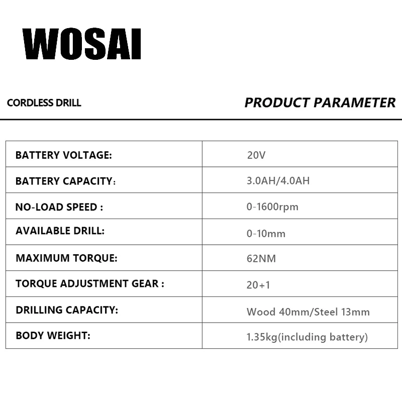 WOSAI, 20 в, литий-ионный аккумулятор, аккумуляторная отвертка, электрическая дрель, Электрическая отвертка, ручной драйвер, гаечный ключ, электроинструменты
