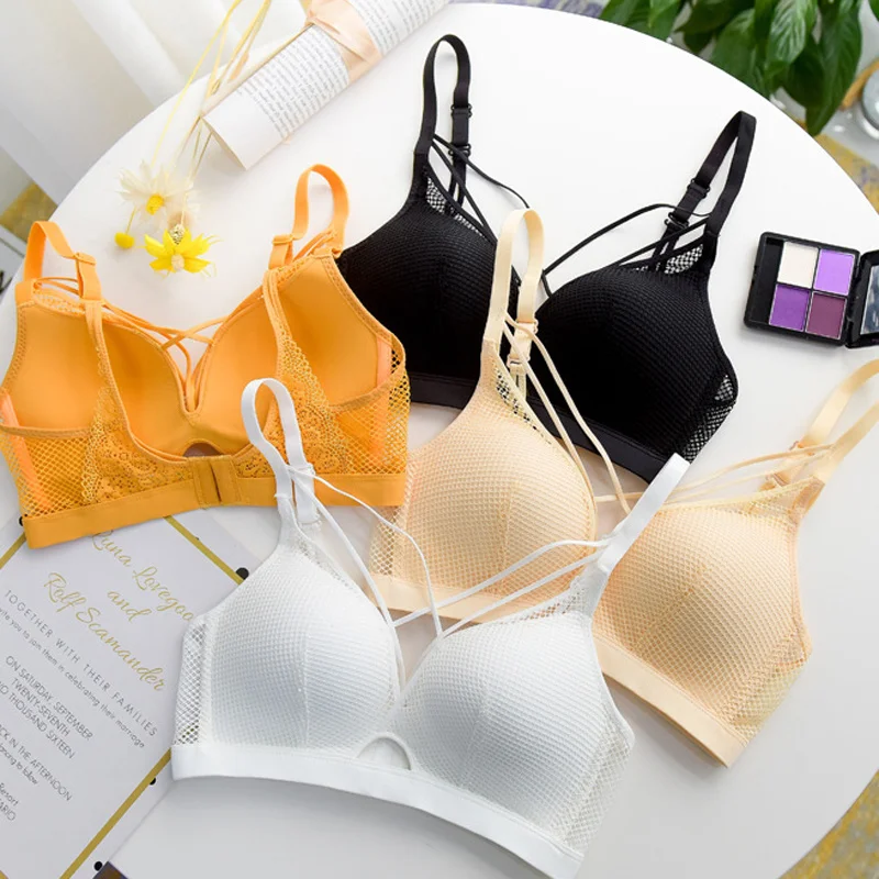 

Wasteheart Women Fashion Yellow Sexy Lingerie Wireless Bra Set Lace Mesh Cut Out Cotton Panties Briefs Underwear A B Straps