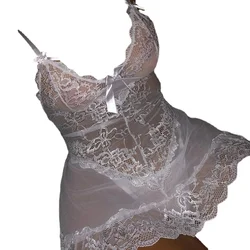 Vestido de verano de talla grande para mujer, Sexy, a la moda, con cuello en V profundo, con tirantes finos, pijama, vestidos de encaje, S 5XL