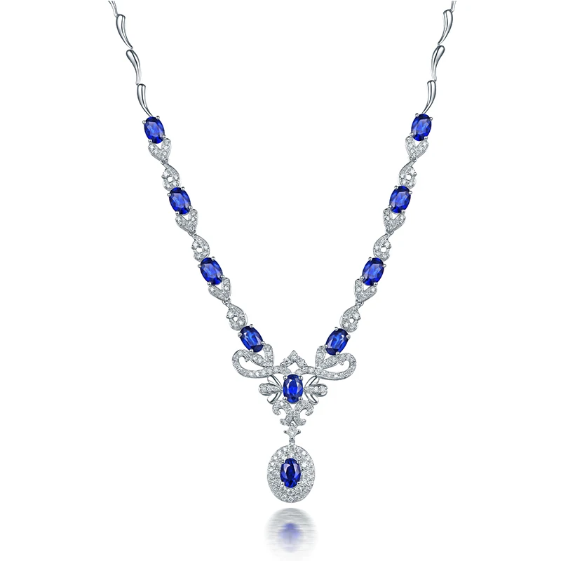18K White Gold Женское ожерелье с подвеской из сапфира, Настоящее Белое золото 18 карат 5,68 карат, натуральный Овальный Сапфир, бриллианты, вечерние ожерелья - Цвет камня: 18K White Gold