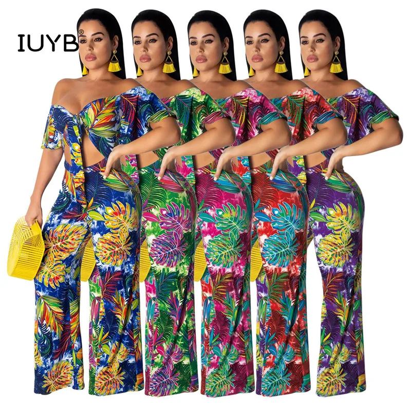 IUYB Print Wide-Leg Beach Summer High Street Casual Design 2 Piece Women Set Short Sleeve Long Pants Tracksuits SMR9315 | Женская одежда