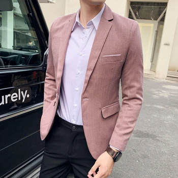 

Mens Blazer Jacket 2020 New Fashion Suit Coat Pink Green Coffee Pinstripe Solid One Button Casual Slim Fit blazer masculino Sale