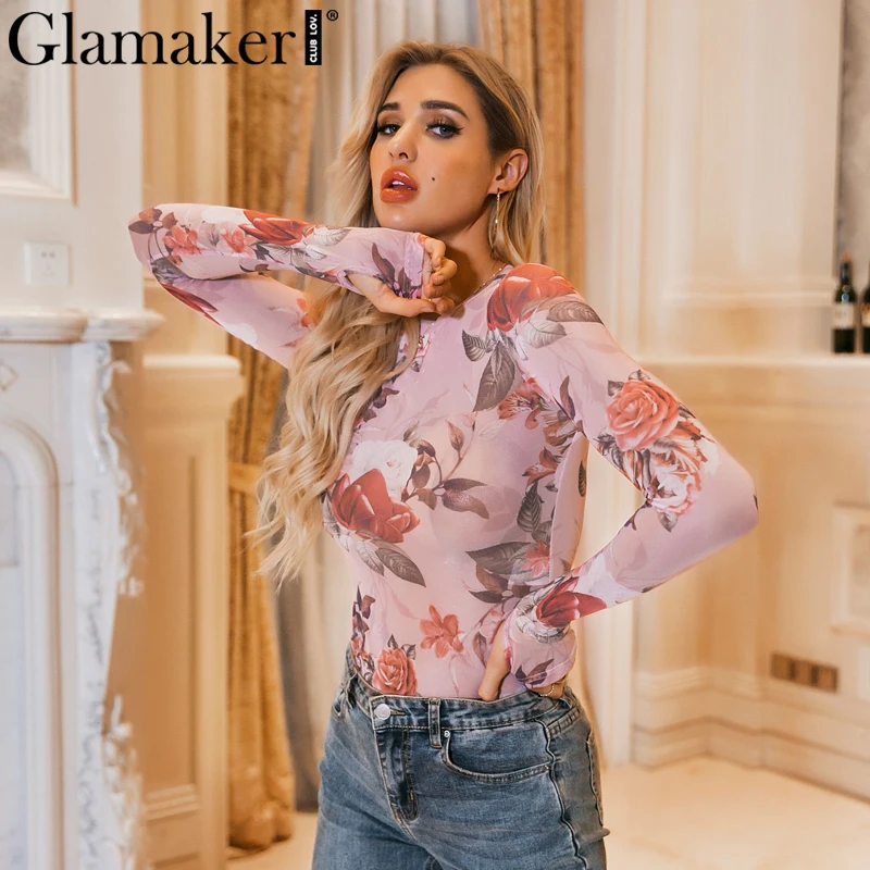 Glamaker винтажный Красный боди с цветочным принтом розы женский весенний сетчатый