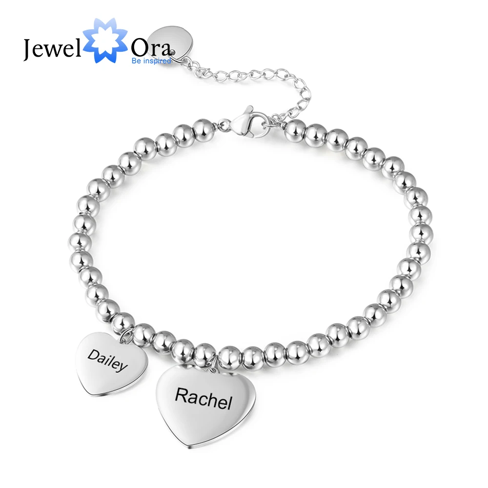 

JewelOra Personalized Name Engraved Heart Charms Bracelets Stainless Steel Beads Chain Bracelets for Women Mother Daughter Gifts