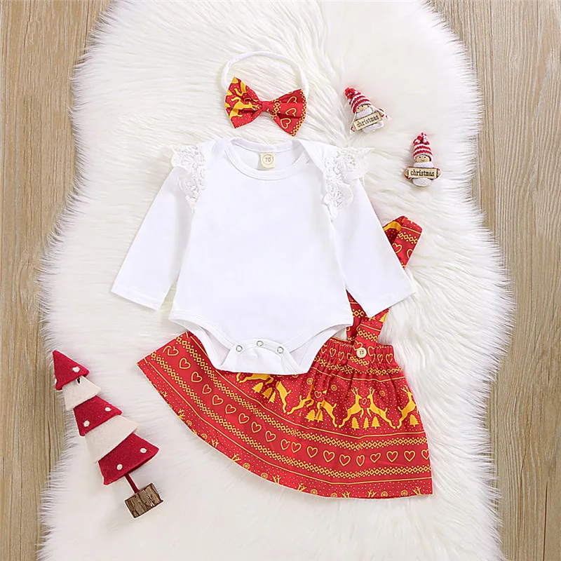 My First Christmas/Одежда для новорожденных девочек; комбинезон с длинными рукавами; Топы+ свитерок и юбка; комплекты одежды