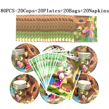 

80Pcs/50Pcs Masha and Bear Disposable Tableware Sets Cups Plates Napkins Gift Bag Baby Shower Kids Birthday Decorations Supplies