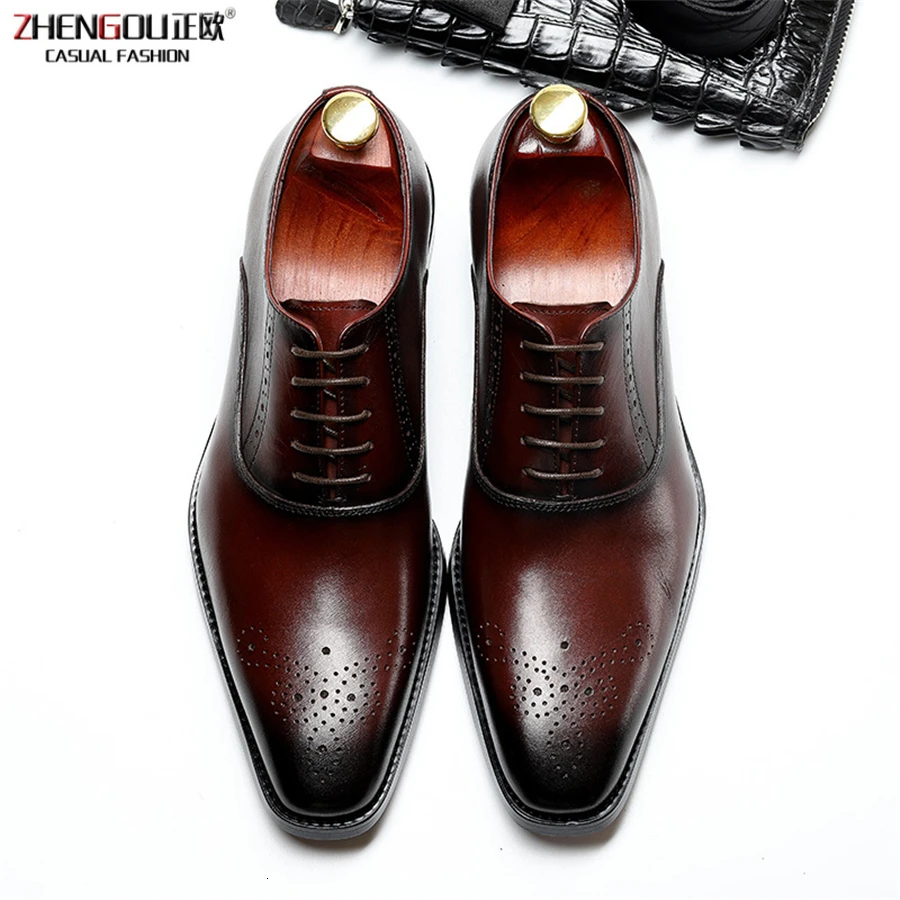 

zhengou Cow Genuine Brogue Leather Men Wedding Business Mens Casual Flats 2019 Black Burgundy Vintage Oxford Shoes For Men's Shoe