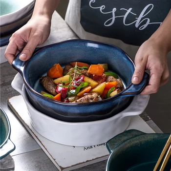 

Japanese Ceramic Binaural Ramen Salad Plate Modern Home Creative Oval Large Baked Rice Baking Plate Hotel Restaurant Tableware