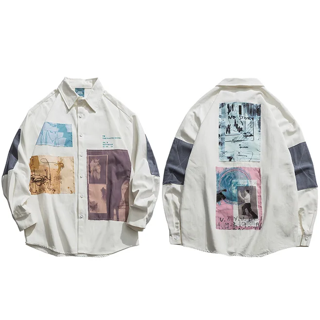 A01108 White Хип-хоп мужские рубашки с длинным рукавом Уличная Harajuku рубашка с графическими нашивками Ретро винтажная рубашка Свободные повседневные топы Осень - Цвет: A01108 White