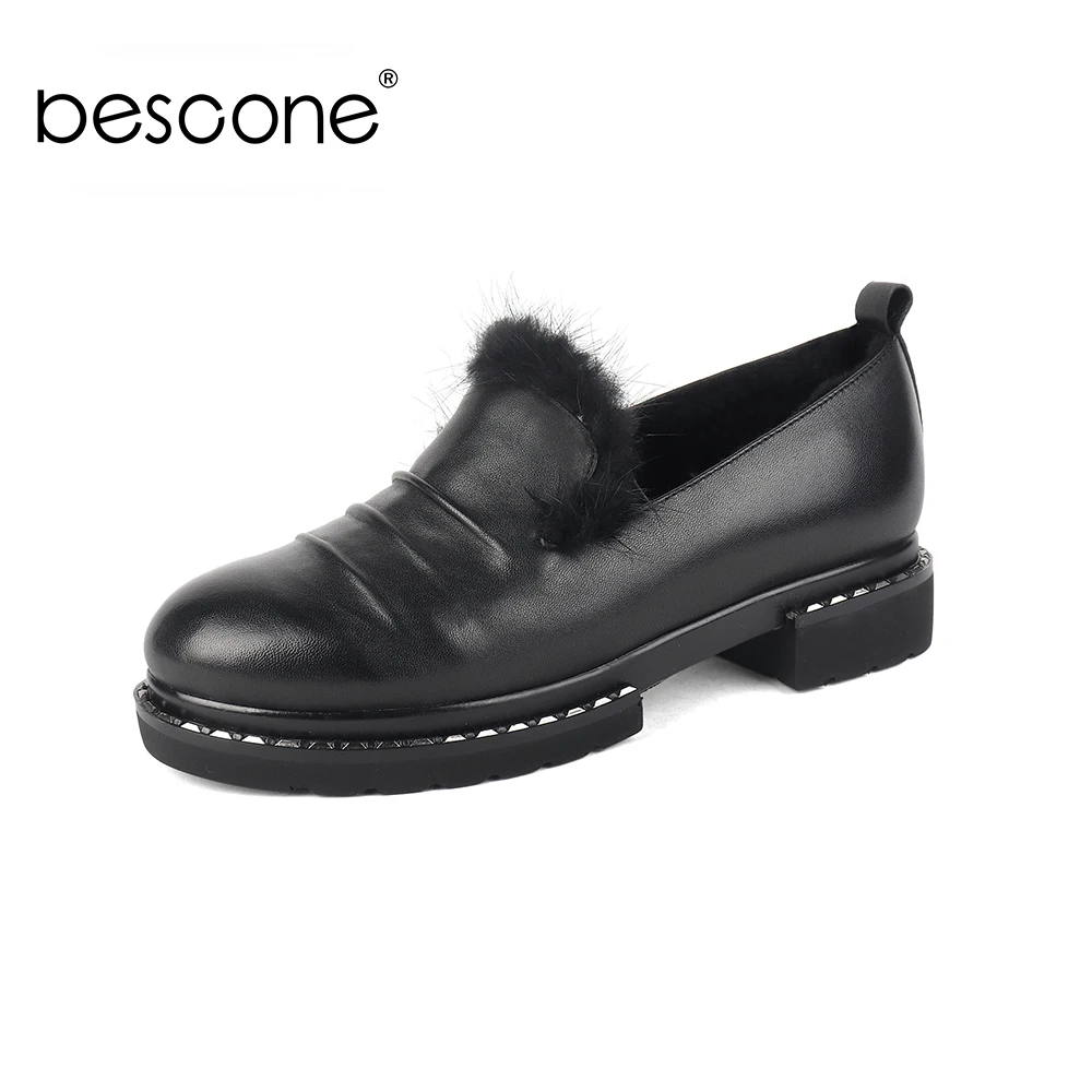 

BESCONE Round Toe Women Pumps Casual Slip-On Handmade Square Heel Shoes High Quality Genuine Leather Med Heel Ladies Pumps BC224