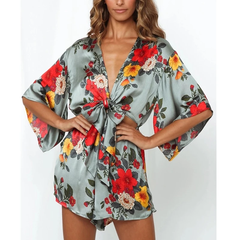 

Elegant Bohemian Flower Print Short Tops Button Loose Lace up Deep V Neck Silk Satin Woman Top Office Bow Lady Summer Clothes