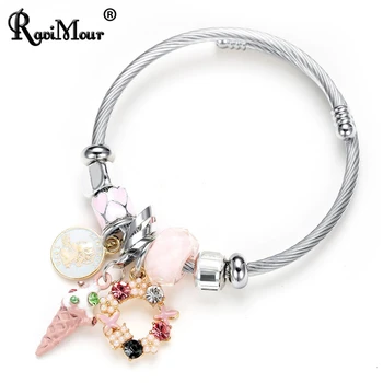 

Fashion Stainless Steel Cuff Bracelets & Bangles Women Jewelry Wire Crystal Ice Cream Charm Brazaletes Mujer Accessories
