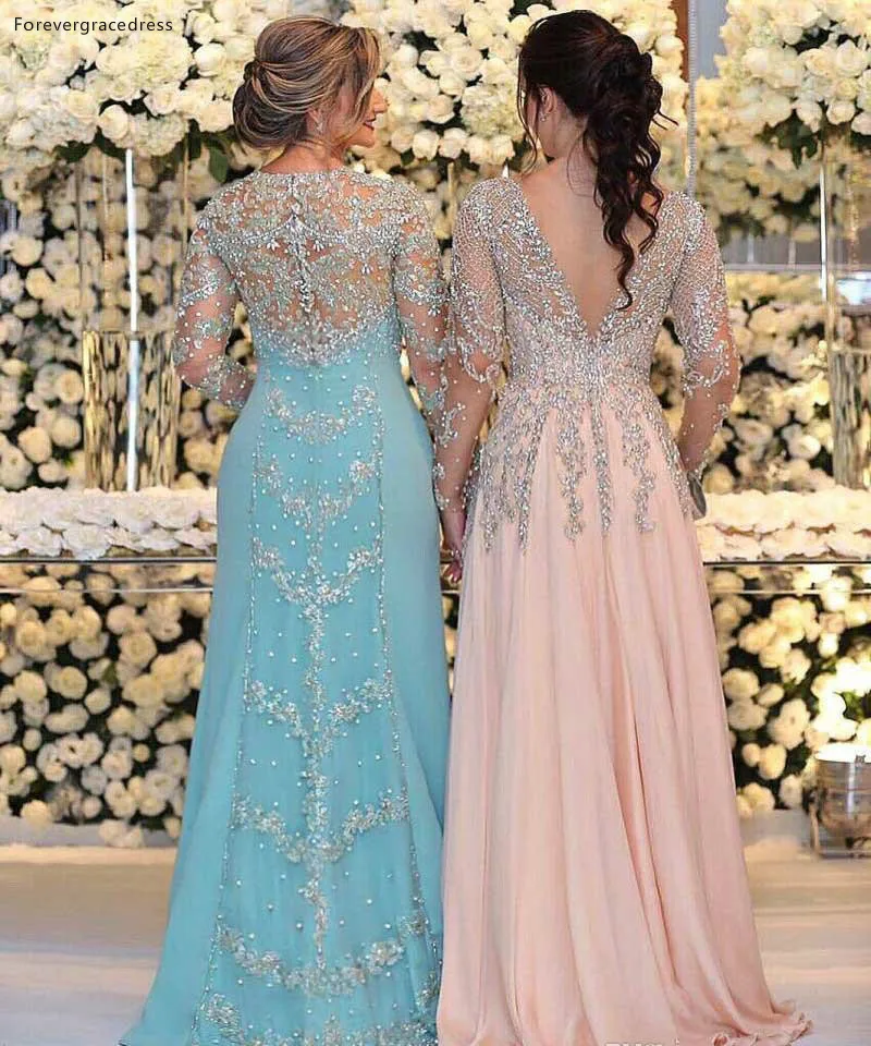 Beaded Mother of the Bride Dresses Sheer Long Sleeves Formal Godmother Evening Wedding Party Guests Gown Plus Size