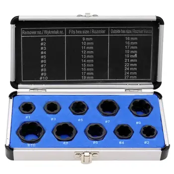 

10PCS Damaged Bolts Nuts Screws Remover Extractor Removal Tools Set 9-19mm Threading Tool Kit Stripped Socket Wrench Tool Kit