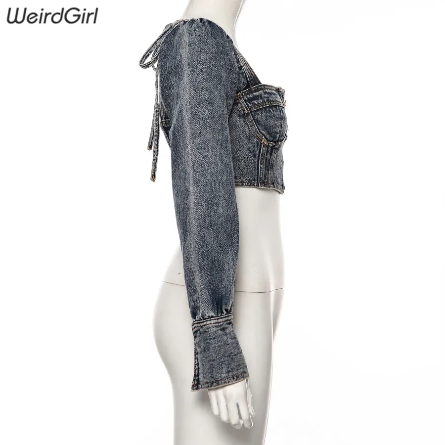 discount  Weirdgirl New zipper Full Sleeve Denim coat square neck bow jacket backless Short Style Coats autum