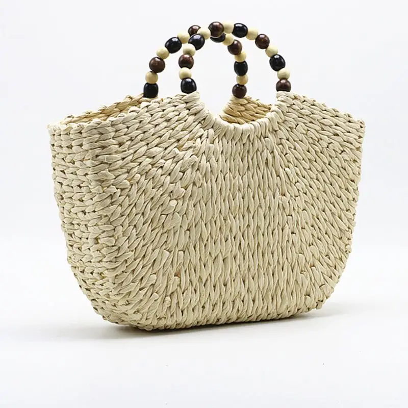 Beach Straw Bag Women Large Hand-woven Purse Summer Rattan Top-handle Tote Handbag with Beaded Handle X7XC
