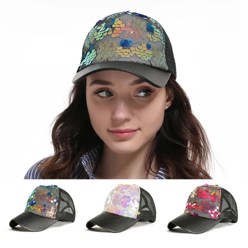 Fashion Glitter Ponytail Messy Bun Baseball Cap Snapback Hats Women Summer Hat Adjustable Hip Hop Hats Female Mesh Caps