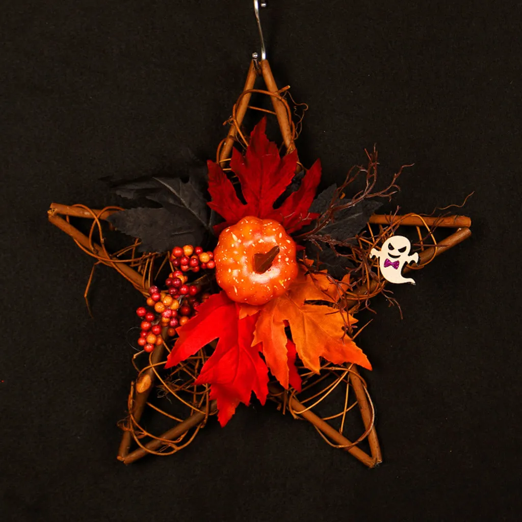 Halloween Wooden Five-star Wall Hanging Pumpkin Berry Maple Leaf Wall Decoration Five-pointed Star Rod Waldorf Rodent Toys