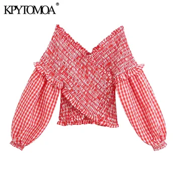 

KPYTOMOA Women 2020 Sweet Fashion Smocked Elastic Plaid Cropped Blouses Vintage V Neck Long Sleeve Female Shirts Blusa Chic Tops