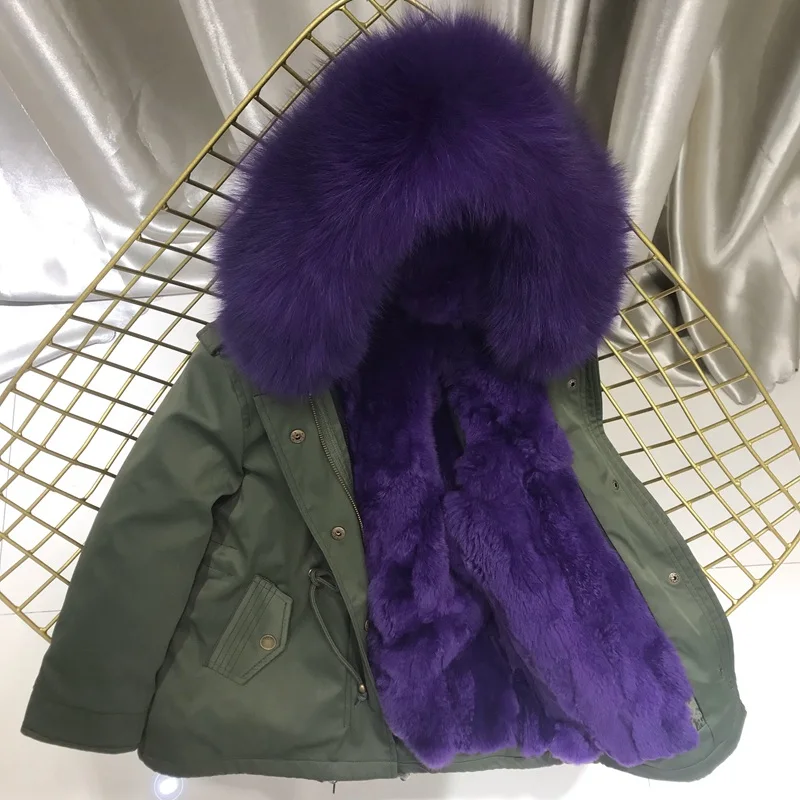 Одежда для маленьких девочек зимняя куртка Настоящий мех кролика парка для девочек, зимние пальто с лисьим мехом, с капюшоном, отделка, одежда для маленьких мальчиков - Цвет: green purple fur