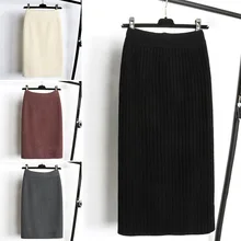 Женская элегантная Шерстяная трикотажная юбка, модная осенне-зимняя плотная Теплая юбка средней длины в рубчик с разрезом и высокой эластичной талией