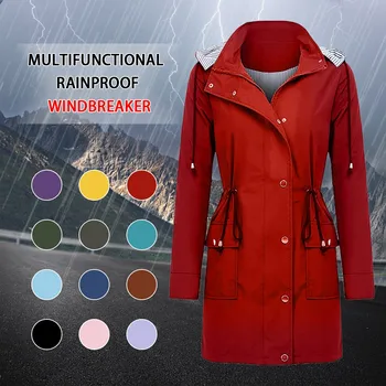 

Plus Size Chic Rain Coat Women Solid Color Slim Rain Jacket Outdoor Waterproof Hooded Windproof Loose Coat S-5XL Gabardina Mujer