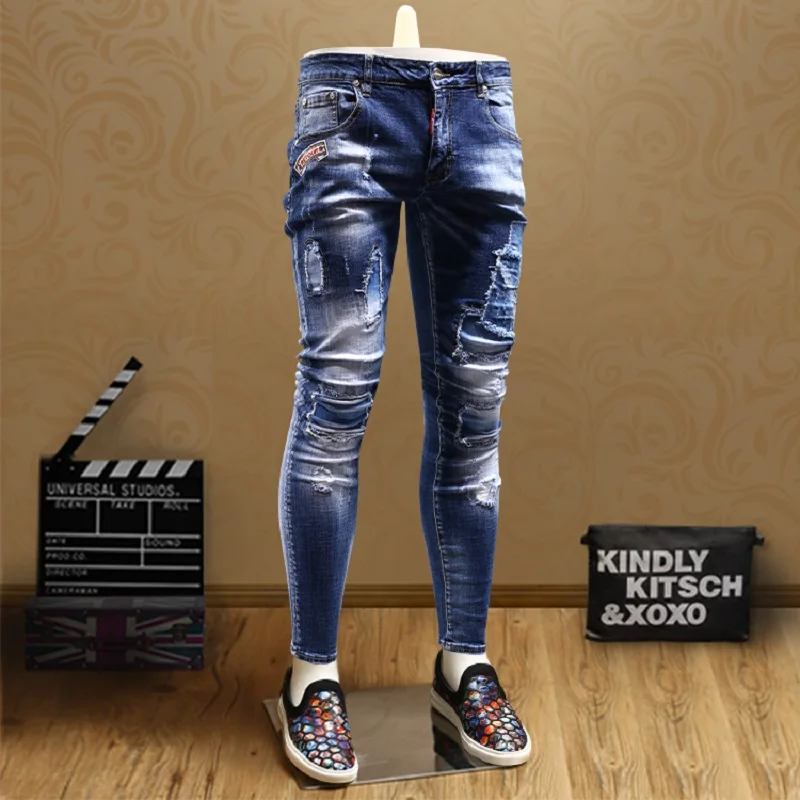 

Fashion Destroy Patchwork Jeans Men Cotton Slim Fit Stretch Denim Pants