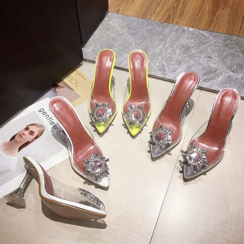 New Summer Plus Size 41 Donna Slides Neon Yellow Crystal Sun Flower Buckle Trasparente Hoof Tacchi Alti Sandali Sexy Mules Shoes