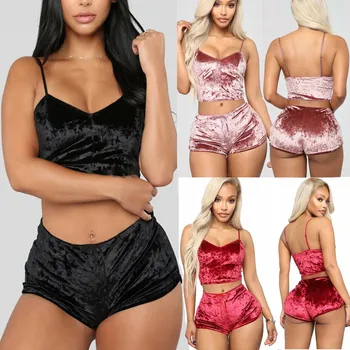 

New US Fashion Women Velvet Sleepwear Sexy Spaghetti Strap Velvet Shorts Pajama Set Ladies Sleepwear female Pajama Party Set