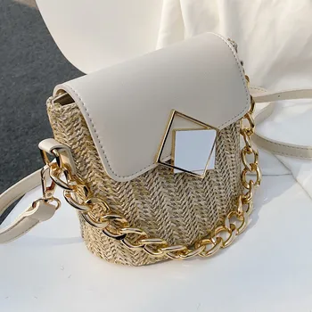 

Casual Straw Women Shoulder Bags Wicker Woven Handbags Chains Lady Crossbody Bags Summer Beach Rattan Purses Small Buckets Bag