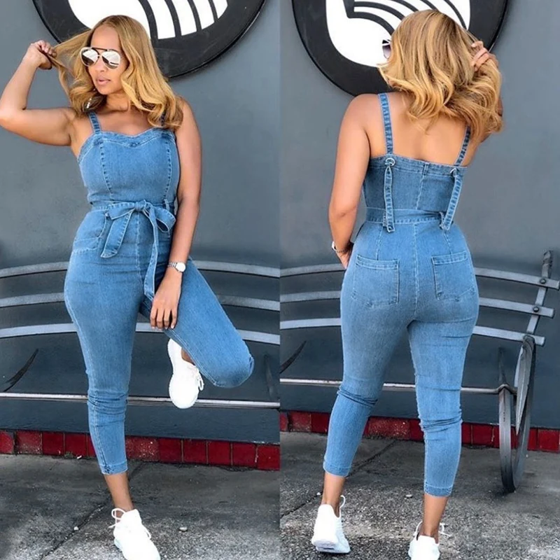 

Women Solid Sleeveless Spaghetti Strap Denim Playsuit Jeans Sport Bodysuit One Piece Romper Jumpsuit