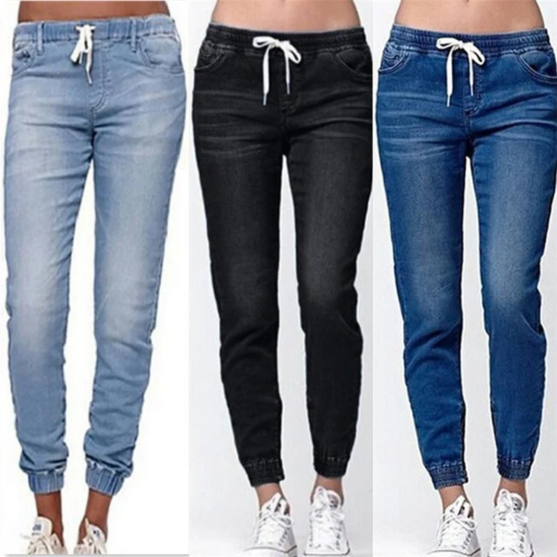 Fashion Elastic Waist Jeans Women Pants Solid Straight Pencil Pants Denim Pants Women Trousers Women Clothing Causal Pants