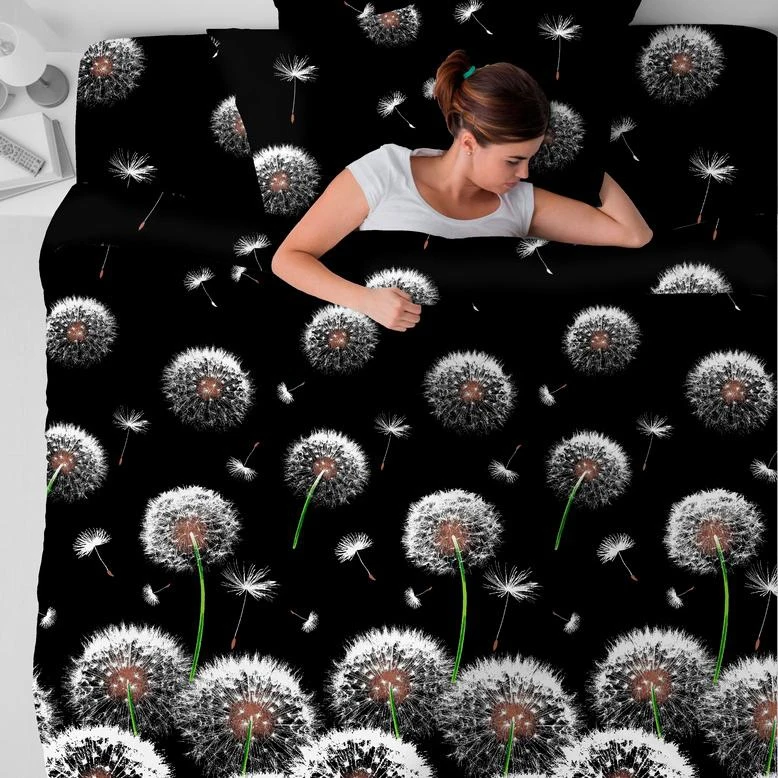 Bed linen set from coarse calico, 100% cotton, fig. 3412 White dandelions ► Photo 3/4