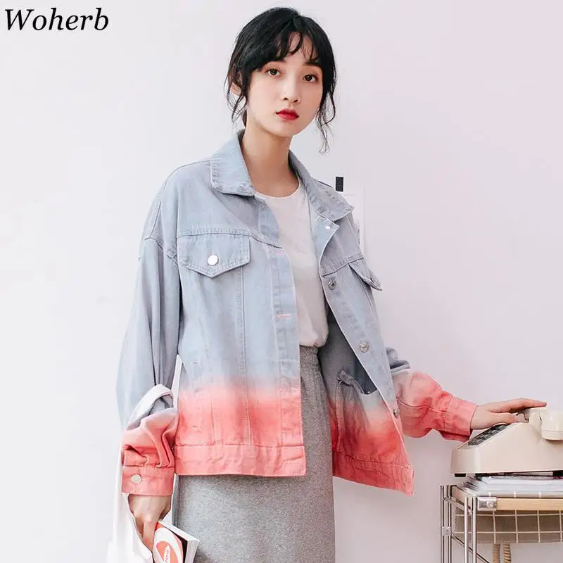 Most effective Woherb Women's Denim Jacket 2020 Harajuku Gradient Color Jeans Jacket Autumn Winter Coat Casual Vin