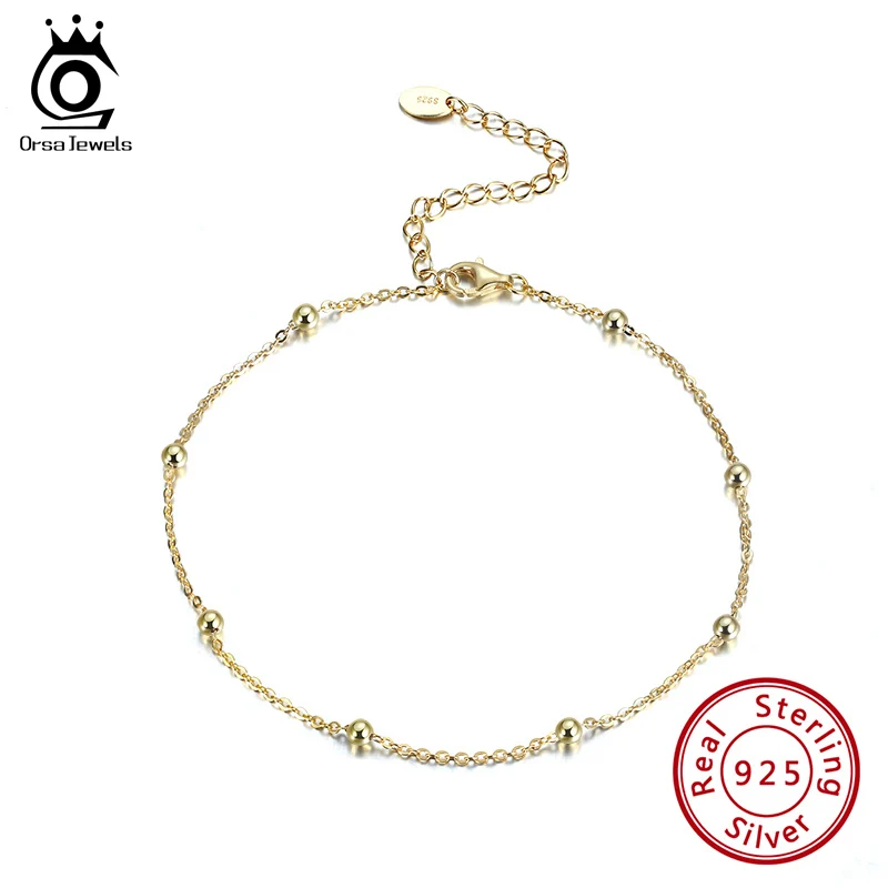 ORSA JEWELS Beads Adjustable Anklets Bracelet 100% 925 Silver Gold Silver Color Girl Women Barefoot Ankle Jewelry Gift SA05