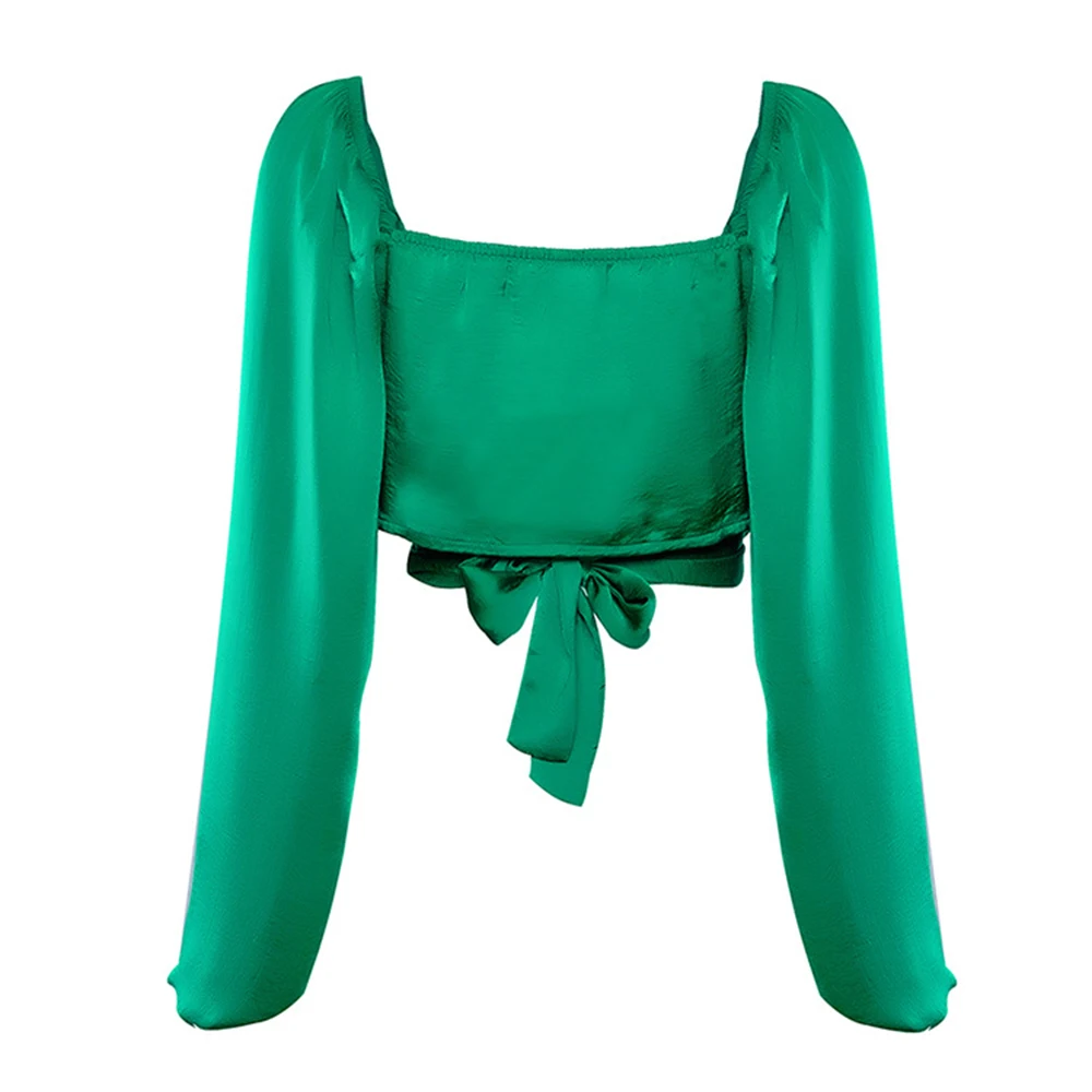 Сексуальные женские облегающие атласные укороченные топы, майка Femme Blusa Mujer Осенняя Дамская однотонная с пышными рукавами открытая спина тройники бюстье топы с бюстгальтером без косточек