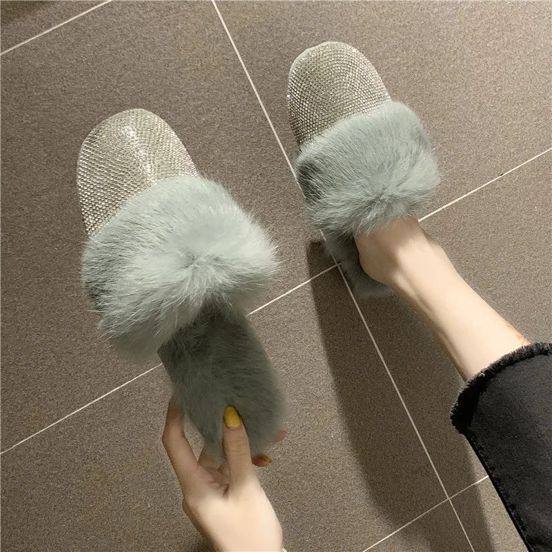 Goedkoop Ronde Neus Designer Haar Schoenen Vrouwen Luxe 2019 Strass Bont Crystal Slippers Diamant Muilezels Anti Op Half Slippers Flats Schoenen