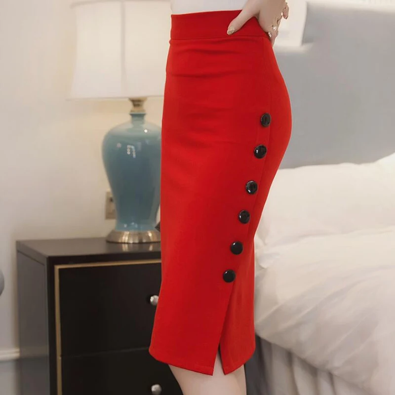 New Fashion Women Skirt Midi Skirt Slim OL Sexy Open Slit Button Slim Pencil Skirt Elegant Ladies Skirts 2 Colors