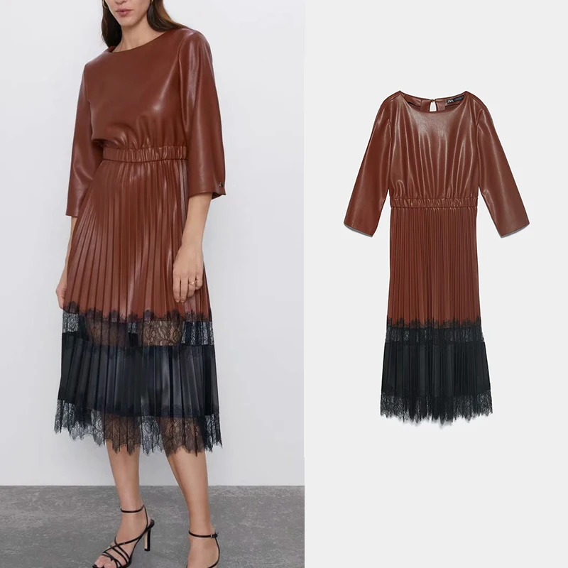 PU Leather dress Women Dresses Pleated Fashion Lace Patchwork Dress Women Elegant Three Quarter Mid Calf Dresses Female Ladies