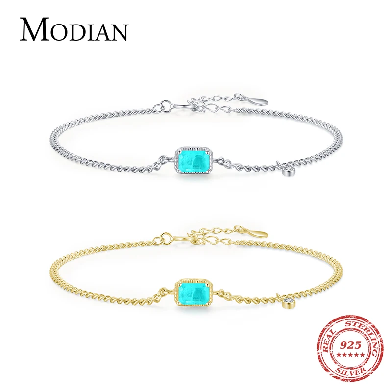 

Modian Pure 925 Sterling Silver Elegant Rectangle Tourmaline Paraiba Bracelet Fashion Link Chain For Women Wedding Jewelry Gifts