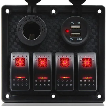 

Universal DC12V/24V 129*120*5.5MM 4Gang Red LED Rocker Switch Panel Circuit Breaker Car Bus Marine Boat RV Waterproof
