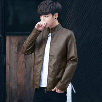 

HOHO 2020 Men Casual Locomotive Leather Coat Spring Youth Stand Collar Solid Color Leather Coat