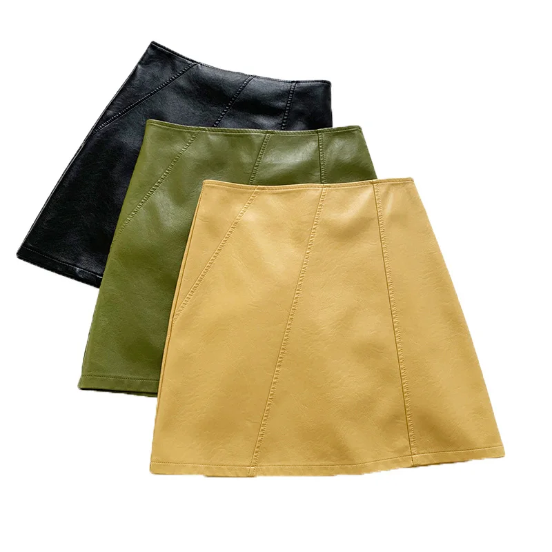 Женская сексуальная юбка из искусственной кожи с высокой талией, тонкая Тюлевая юбка, Женская Осенняя зимняя короткая юбка в Корейском стиле, черная зеленая желтая юбка