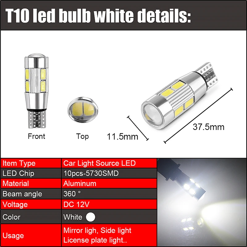 100x T10 светодиодный W5W автомобильный светильник Luces светодиодный Para Авто интерьерный купольный светильник s 194 10 SMD 5730 светодиодный Боковой габаритный фонарь